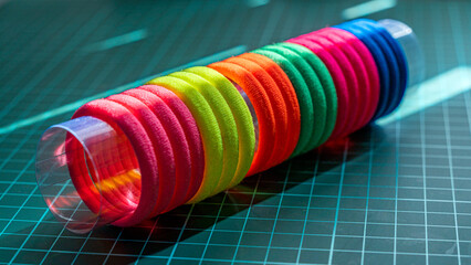 the image showcases a set of textured elastic hair ties in a spectrum of bright colors, including...
