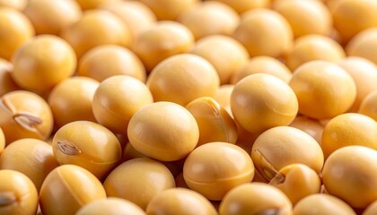 Close-up of smooth yellow soybeans in natural light."