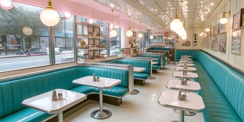 Fototapeta premium Charming Retro 1950s Diner Interior with Booth Seating, Vintage Decor, and Classic American Style