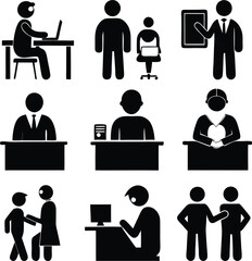 Black and White Stick Figure Icons Set: Office Workers, Business People, Desk, Presentation