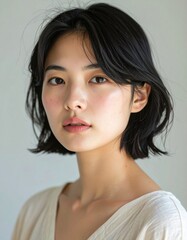 Fototapeta premium A close-up portrait of a young woman with short hair, showcasing her natural beauty and soft features against a neutral background.