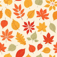 Obraz premium Seamless fall pattern with colorful hand-drawn leaves in orange, red, yellow, and green on a light background. Perfect for autumn-themed designs
