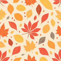 Fototapeta premium Seamless fall pattern with colorful hand-drawn leaves in orange, red, yellow, and green on a light background. Perfect for autumn-themed designs