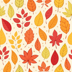 Seamless fall pattern with colorful hand-drawn leaves in orange, red, yellow, and green on a light background. Perfect for autumn-themed designs