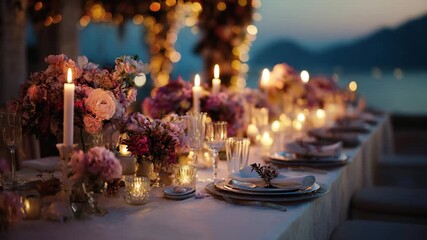 Elegant outdoor dining table adorned with flowers and candles for a romantic evening setting