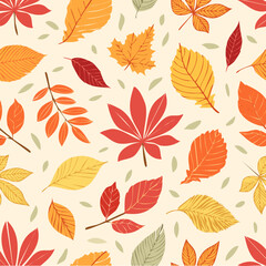 Seamless fall pattern with colorful hand-drawn leaves in orange, red, yellow, and green on a light background. Perfect for autumn-themed designs