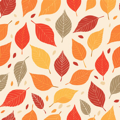 Seamless fall pattern with colorful hand-drawn leaves in orange, red, yellow, and green on a light background. Perfect for autumn-themed designs