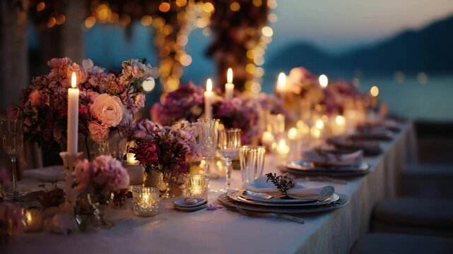 Elegant outdoor dining table adorned with flowers and candles for a romantic evening setting