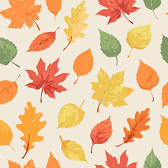 Seamless fall pattern with colorful hand-drawn leaves in orange, red, yellow, and green on a light background. Perfect for autumn-themed designs