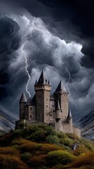 Dark Medieval Castle Surrounded by Stormy Clouds and Striking Lightning on a Remote Hillside