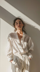 A fashion editorial photo of a white female model wearing baggy cream trousers and a white shirt, standing alone against a neutral wall. 