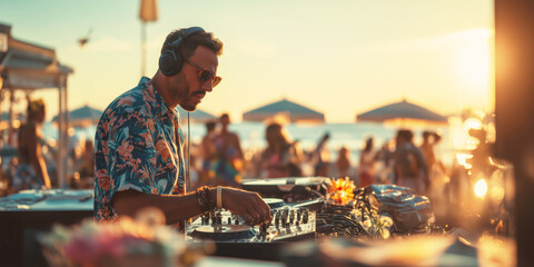 white male DJ mixes music on a mixer controller music board at beach party in summer