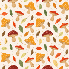 Seamless autumn pattern with colorful mushrooms and leaves in warm earthy tones. Perfect for fall-themed backgrounds and fabric prints