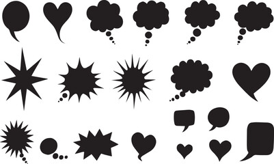 hand-drawn beautiful Collection of black speech bubbles and graphic shapes Black and white grunge. speech bubble silhouettes isolated –Vector illustration, on transparent background.