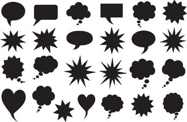 hand-drawn beautiful Collection of black speech bubbles and graphic shapes Black and white grunge. speech bubble silhouettes isolated –Vector illustration, on transparent background.