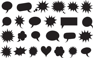 Collection of Simple Speech Bubbles - Set of various black speech bubble silhouettes isolated Hand drawn grunge texture speech bubbles collection. Illustration on transparent background