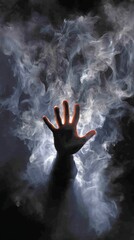 Ghostly Hand Reaching Out From Ethereal Smoke Against a Dark Backdrop