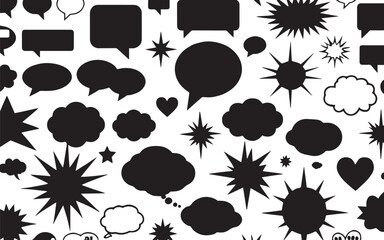 Collection of black speech bubbles and graphic elements, Black speech bubble, Set of retro empty comic speech bubbles with grunge texture black on transparent background.