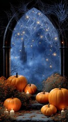 Gothic Archway Adorned with Spiderwebs and Pumpkins Creating a Mysterious Halloween Scene with Glowing Lights and Misty Background