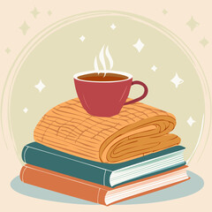 Cozy cup of coffee on stacked books and a warm knitted sweater, autumn vibes on a soft beige background. Perfect for seasonal and hygge designs