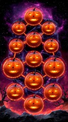 Glowing Pumpkins Puzzle Game Design Against Cosmic Background for Halloween Celebration