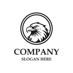 Obraz premium Minimalist eagle logo design, black and white, circular emblem with a fierce eagle head in the center, clean and modern style, sharp lines, professional branding, vector art,