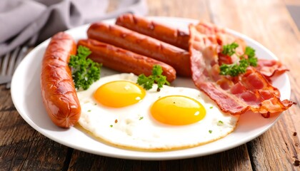 Hearty American Breakfast with Eggs, Bacon, and Sausage on Wooden Table
