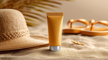 Realistic sunscreen tube stands prominently on sandy beach terrain, surrounded by straw hat and flip flops, evoking warm, sunny day perfect for relaxation and sun protection