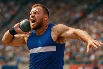 Athlete demonstrates a powerful shot put throw in stadium competition, showing strength and skill under pressure, concept of athletic excellence and competitive determination.