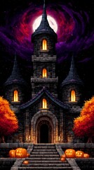 Pixel Art Haunted Castle with Glowing Windows Under a Full Moon Surrounded by Orange Trees and Pumpkins