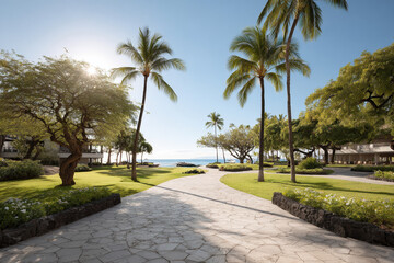 Fototapeta premium capture essence of hawaii with lush display of tropical plants including palm trees hibiscus flowers and vibrant