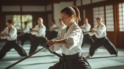 Focused aikido practitioners in a training session.