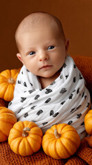 Adorable Baby Wrapped in Ghost Patterned Swaddle Surrounded by Pumpkins in Cozy Autumn Setting