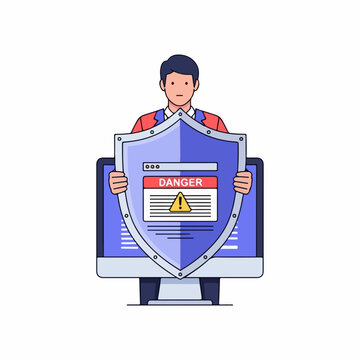 Man holds shield protecting computer screen showing danger warning, symbolizing cybersecurity defense and online safety.