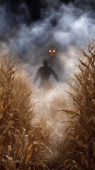 Fototapeta premium Creepy Scarecrow Lurking in a Misty Cornfield with Glowing Eyes and Eerie Shadows