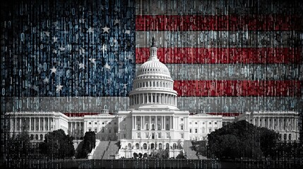 United States Capitol building with American flag and digital code pattern symbolizing cybersecurity and politics