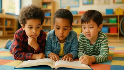 Three children of diverse ethnic backgrounds are reading a book together on a colorful carpet in a bright classroom, fostering a love for learning and collaboration