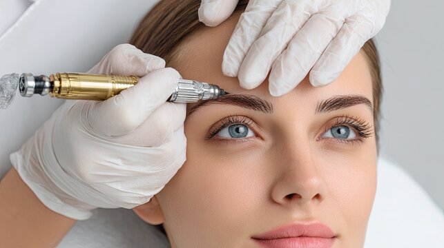 Permanent eyebrow makeup procedure with tattoo machine for perfect brows in beauty salon close-up