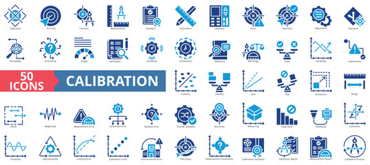 Calibration icon set flat style collection. Contain accuracy, precision, measurement, standard, instrument, calibrator, error, tolerance, adjustment, deviation, traceability, gauge, verification