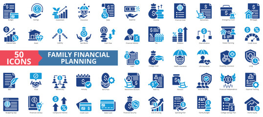 Family financial planning icon set flat style collection. Contain budget, savings, investment, insurance, debt, expense, income, goal, retirement, emergency fund, interest rate, asset, liability