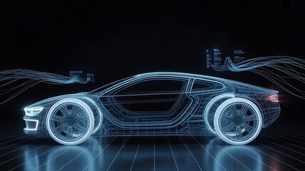 Futuristic Car Blueprint Visualization High Tech Automotive Innovation and Design 3D Rendering Showcasing Technology and Engineering