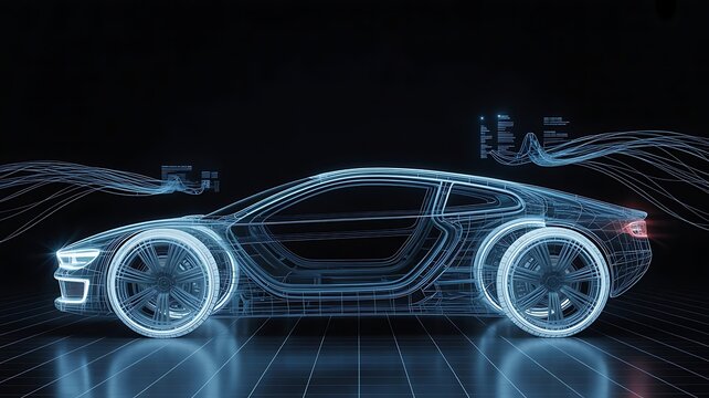 Futuristic Car Blueprint Visualization High Tech Automotive Innovation and Design 3D Rendering Showcasing Technology and Engineering