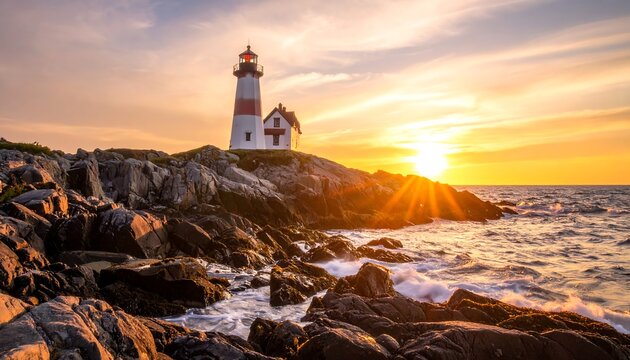 Idyllic coastal scene with a lighthouse standing against a brilliant sunset