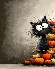 Black cat with pumpkins in Halloween background for spooky greeting