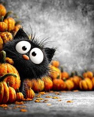 Black cat with pumpkins in Halloween background for spooky greeting