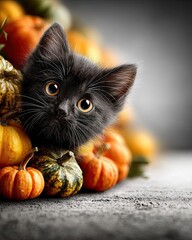 Black cat with pumpkins in Halloween background for spooky greeting