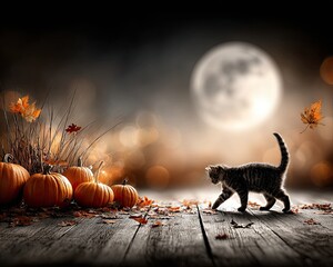 Black cat with pumpkins in Halloween background for spooky greeting