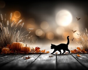 Black cat with pumpkins in Halloween background for spooky greeting