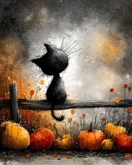 Black cat with pumpkins in Halloween background for spooky greeting