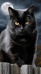 Mysterious Black Cat with Glowing Eyes Sitting on a Wooden Fence Under a Full Moon during a Cloudy Night